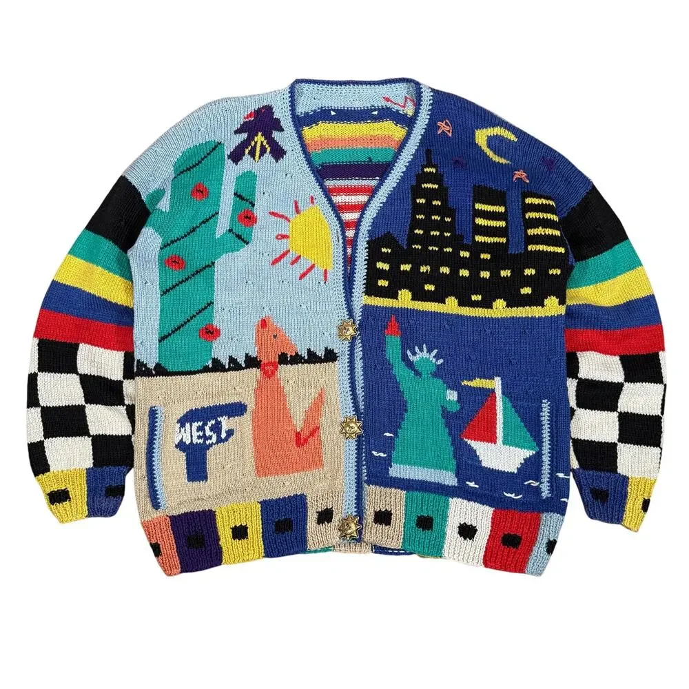 Vintage Teacher Americana Knit Cardigan USA Statue of Liberty Southwest Scene XL